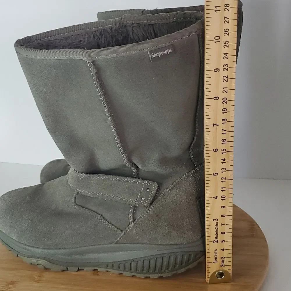 Skechers Women's Shape Ups Gray Leather Suede Bollard Wedge Toning Boots Sz 9